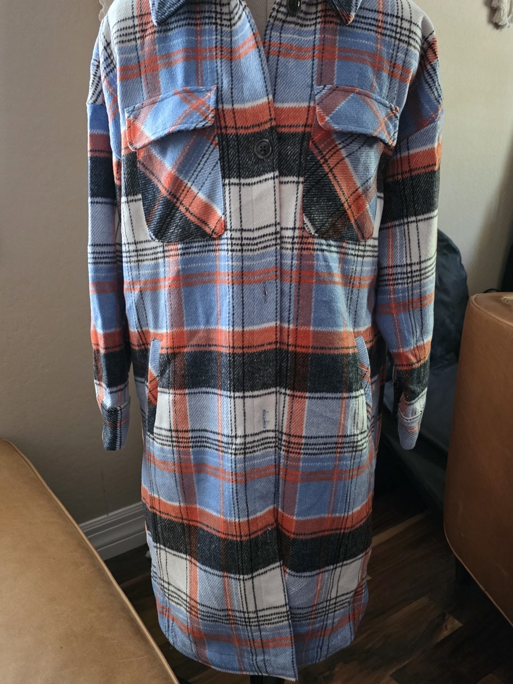 Fashion Nova Blue, Orange & Black Plaid Long Sleeve Jacket